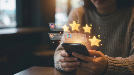 Online Reviewer Experience: A close-up view captures a person engrossed in the act of evaluating online, showcasing digital reviews and ratings with golden stars.