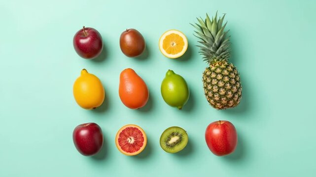 Fresh fruit arrangement with pineapple and citrus progression on pastel background