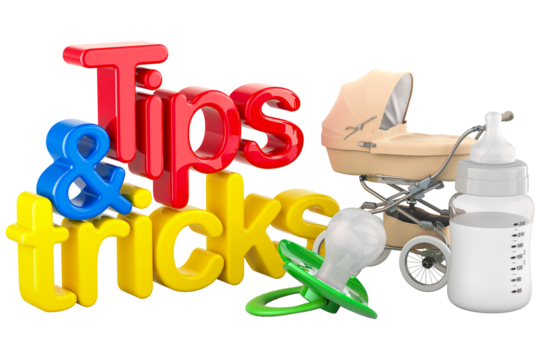 Newborn Care Tips and Tricks, parenting tips. Inscription with baby bottle, transparent background - Powered by Adobe