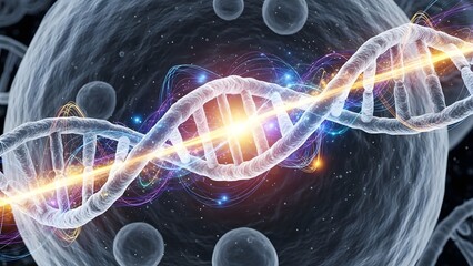 Abstract 3D rendering of glowing DNA helix structure within a cell nucleus representing genetic science and biotechnology research