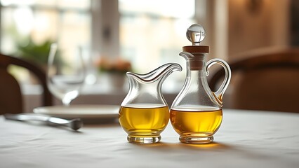 cruet. Glass cruet with olive oil and vinegar on a dining table. menu design, packaging mockups, recipe cards, designed for food delivery and cloud-kitchen brand materials, used by PR specialists.