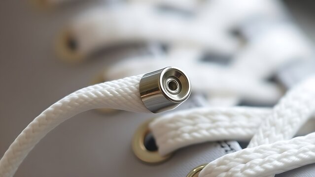 osmium. Polished metal aglet at the end of a white shoelace with metallic texture. lifestyle magazines, social media lookbooks, designed for lifestyle magazines and social media content.