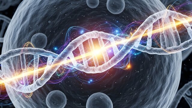 Abstract 3D rendering of glowing DNA helix structure within a cell nucleus representing genetic science and biotechnology research - Powered by Adobe