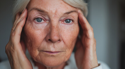 An elderly woman touching her temples with a thoughtful, slightly strained expression in a close-up portrait.
