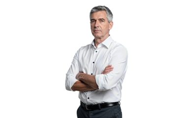 Confident Mature Man in White Shirt with Crossed Arms