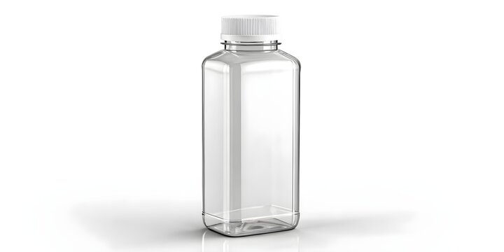 Single empty clear square plastic bottle with white cap on white background, minimalist packaging mockup for product branding