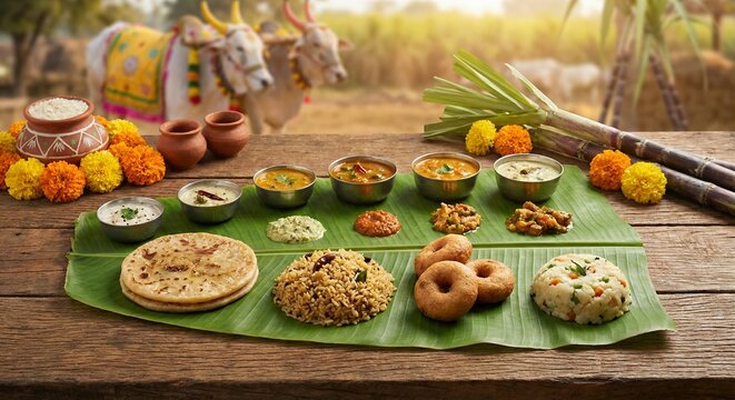 Kanuma, andhra style food on a banana leaf