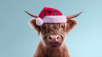 A Highland cow wearing a red Santa hat posing against a dark studio background for a humorous Christmas portrait.
