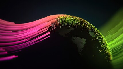 Abstract Digital World Map Formed by Glowing Pixels and Light Trails in Neon Pink and Green Colors on a Dark Background