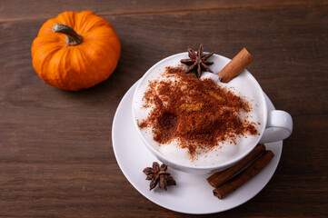Pumpkin Spice Latte pumpkin drink topped with whipped cream sits in a white cup. Surrounding it pumpkins and cinnamon sticks creating a festive fall atmosphere.
