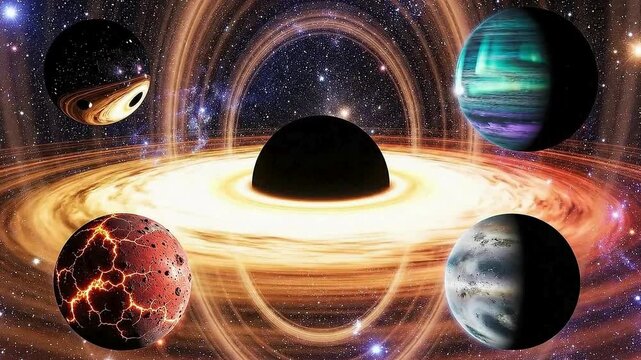 Rotating black hole event horizon vortex pulls accretion disk energy while diverse exoplanets orbit