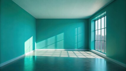 Obraz premium Sunlit Teal Room Interior Design Mockup Empty Space with Large Window and Polished Floor