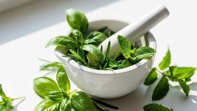 Fresh herbs with mortar and pestle in sunlight  highlighting green leaves and aromatic ingredients