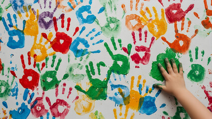 Colorful handprints on wall with child's hand adding green print - Concept of Holi  