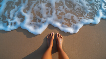 Naklejka na ściany i meble Bare feet resting on wet sand as gentle ocean waves wash up along the shoreline. 