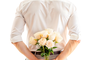 Person in white shirt holding pale roses behind back, romantic gesture, wedding concept, isolated on a transparent background