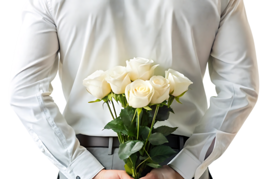 White roses bouquet held behind back, romantic surprise gesture flowers stems greenery arrangement, isolated on a transparent background - Powered by Adobe