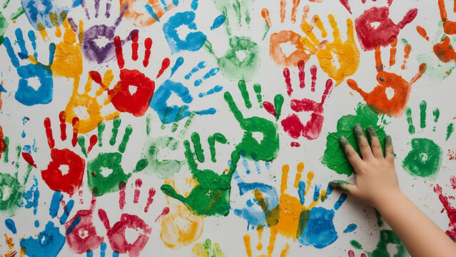 Colorful handprints on wall with child's hand adding green print - Concept of Holi - Powered by Adobe