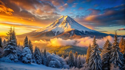 Majestic snow-capped peak at sunrise, winter wonderland scene with evergreen trees covered in frost, bathed in golden sunlight