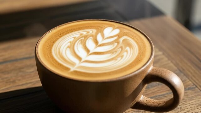 Steam rises from freshly brewed latte with intricate art design in sunlit cafe atmosphere