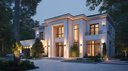 Fototapeta premium Cloud Dancer A luxurious modern mansion elegant architecture and beautifully landscaped gardens at dusk Colour of the Year 2026