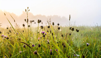 Dewy Spiderwebs in Meadow at Sunrise