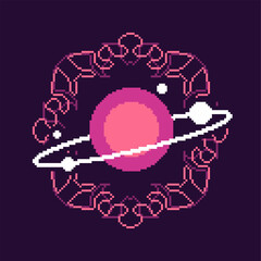 Saturn with Orbit Ring, Little Planet and Glowing Sigil Glyph, Abstract Pixel Art Style Illustration, Pink Tone