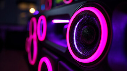 Close-up of modern audio speakers illuminated with vibrant pink and blue neon lighting.

