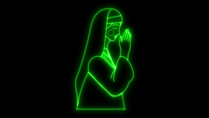Green neon glowing vector illustration of a nun praying with hands clasped showing devotion and religious faith, isolated on black background