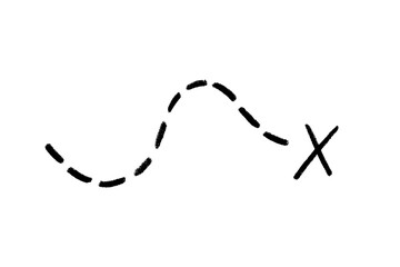 Old pirate treasure map. Dashed line and X sign on map. Path to treasure and gold location. Old pirate letter. Vector illustration isolated on white background.