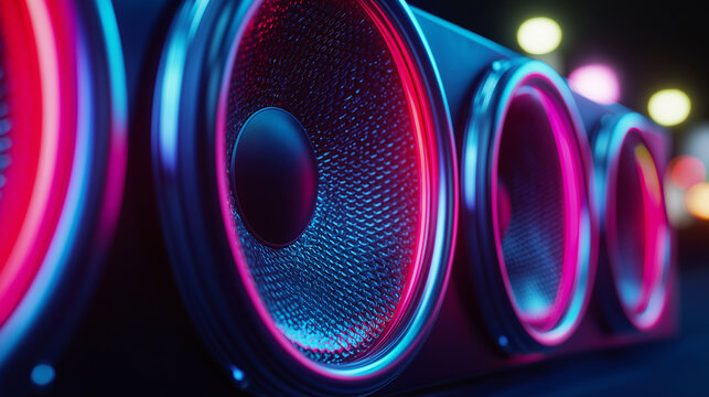 Close-up of modern audio speakers illuminated with vibrant pink and blue neon lighting.
 - Powered by Adobe