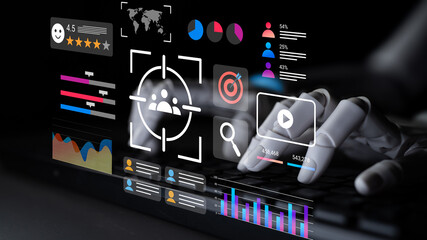 A digital interface displaying analytics tools and data visualizations is combined with a robotic hand on a keyboard, emphasizing modern technology and data interaction. Gantry