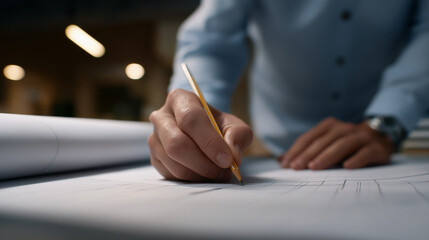 Architect’s hand drawing precise lines on detailed blueprints in a dimly lit workspace.
