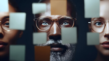 Focused team brainstorming strategy planning collaboration office glass sticky note diverse creative