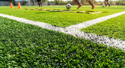Close-up perspective of a vibrant green soccer field with white lines, blurred figures of athletes in the background practicing on a sunny day