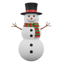 A cheerful classic snowman wearing a black top hat with a red band and a festive striped scarf stands isolated against a solid black background ready for winter holidays