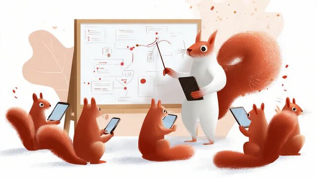 A cheerful group of animated squirrels engaged in a discussion, with one squirrel presenting information on a board while others attentively interact with their devices, fostering a collaborative