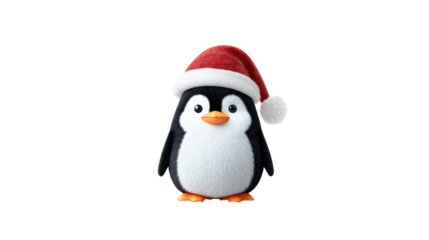 Adorable cartoon penguin character wearing a red Santa hat standing upright with cheerful festive expression perfect for Christmas winter designs on white background.