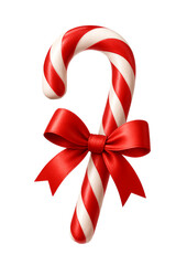 A classic red and white striped candy cane with a bright red satin ribbon tied in a festive bow isolated on a black background perfect for holiday and christmas themes