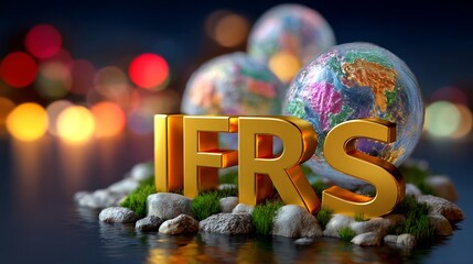 Conceptual IFRS golden letters on mossy rocks, with blurred globes and bokeh lights.