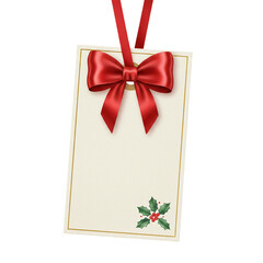 A festive blank gift tag with a luxurious red satin bow and a small holly sprig perfect for holiday greetings and personalized messages