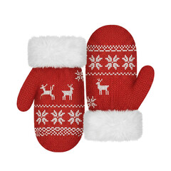 Cozy red knitted christmas mittens with white snowflake and reindeer patterns and fluffy white trim perfect for winter holidays and festive winter wear