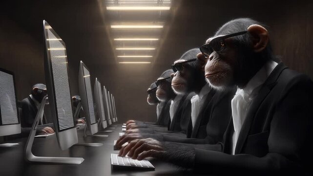 A Group of Monkeys Dressed in Formal Attire Sitting at Computers in an Office Setting, Engaged in Collaborative Work While Wearing Sunglasses, Capturing a Unique Perspective of Simian Productivity
