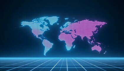 World map digital glowing continents and countries with technology grid floor