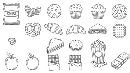 “Hand-Drawn Snack Icon Set – Doodle Food Vector Pack with Cookies, Donuts, Chips & More”