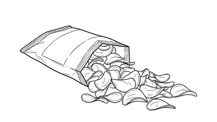 “Open Chips Packet Line Art Icon – Hand-Drawn Snack Vector Illustration”