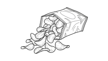 “Open Chips Packet Line Art Icon – Hand-Drawn Snack Vector Illustration”