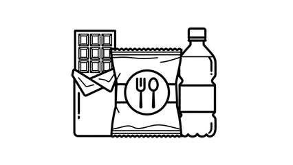 “Minimal Snack Pack Line Art Icon – Chips, Chocolate Bar and Water Bottle Vector Illustration”