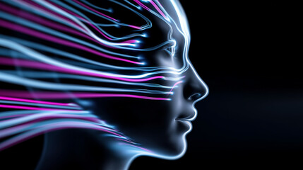Futuristic digital human head with glowing circuitry and motion streaks.
