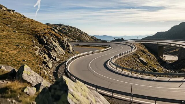 Majestic mountain roadway bend captures stunning skyward journey through serpentine curves